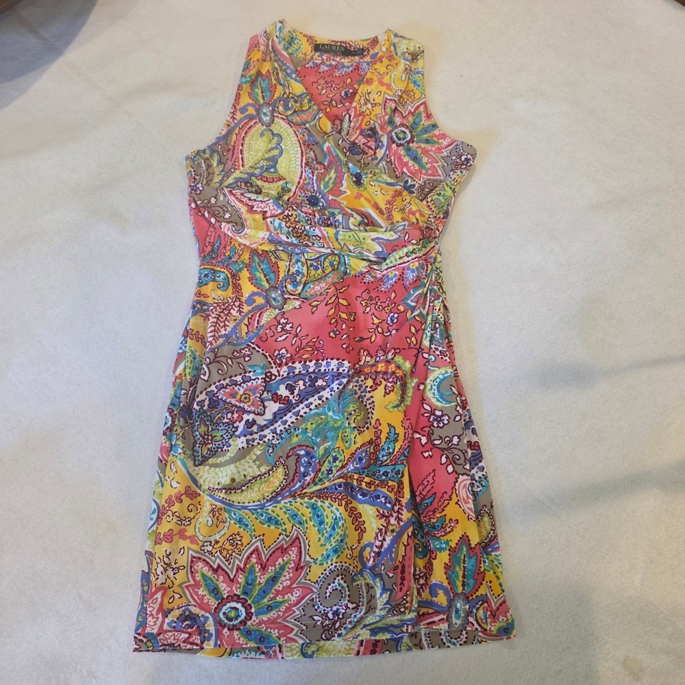 Lauren Ralph Lauren Bright Multi Color Paisley Faux Wrap Dress‎ Sz 10 Sleeveless